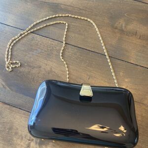 Vintage Black Hard Shell Clutch Gold Chain Event Wedding HOCO Prom